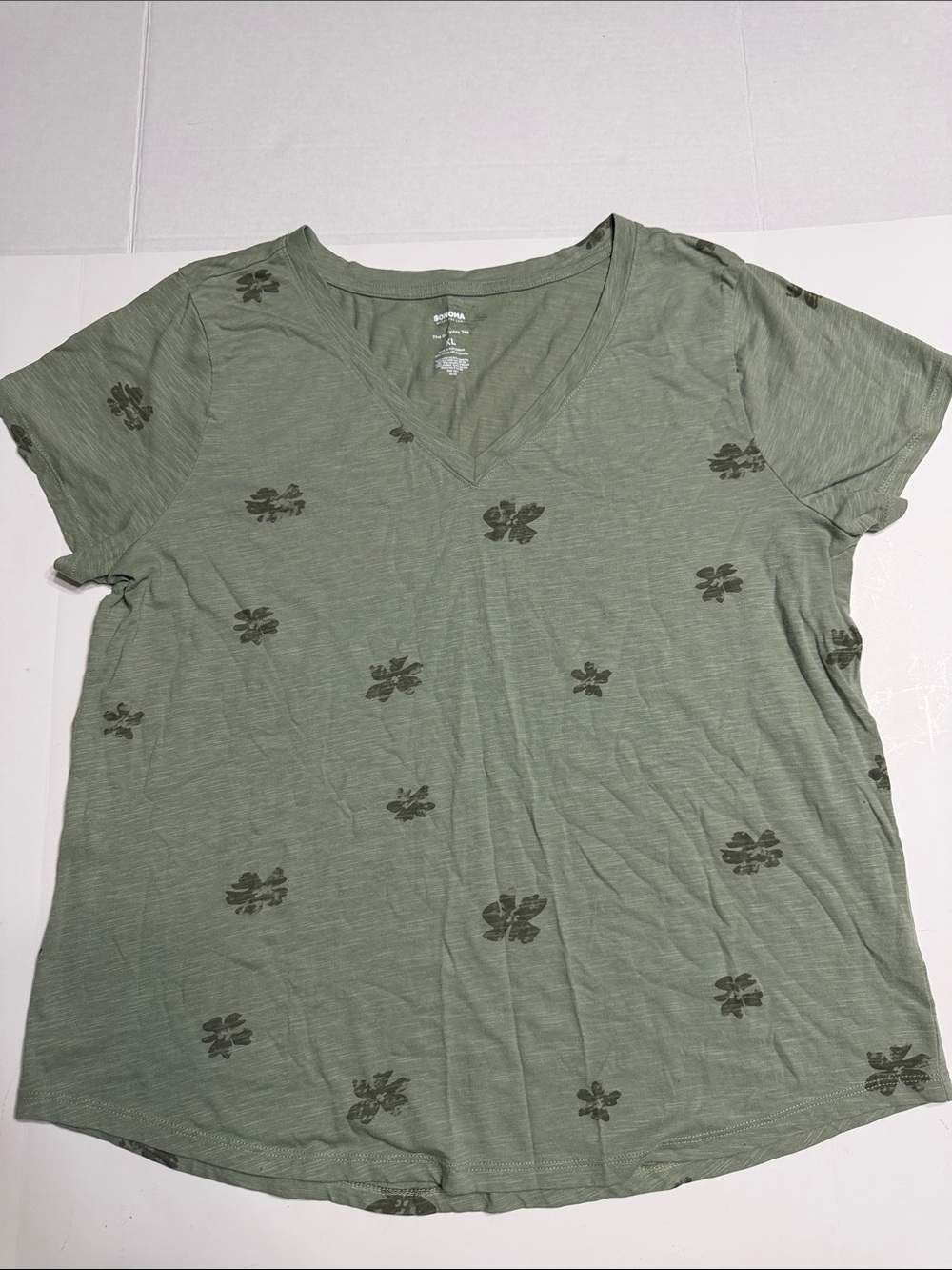 Sonoma Olive Green V-Neck Tee with Dark Floral Print